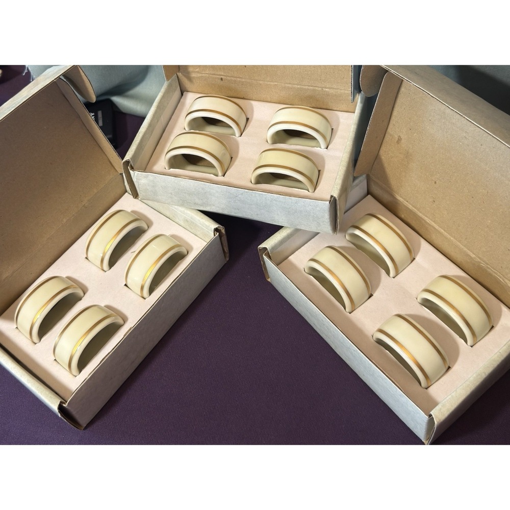 Vintage Set of 12 GORHAM Napkin Rings Ivory & Gold Rim Porcelain 1.25" IN BOXES